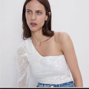 White Sequined Asymmetric One Shoulder Top - XS